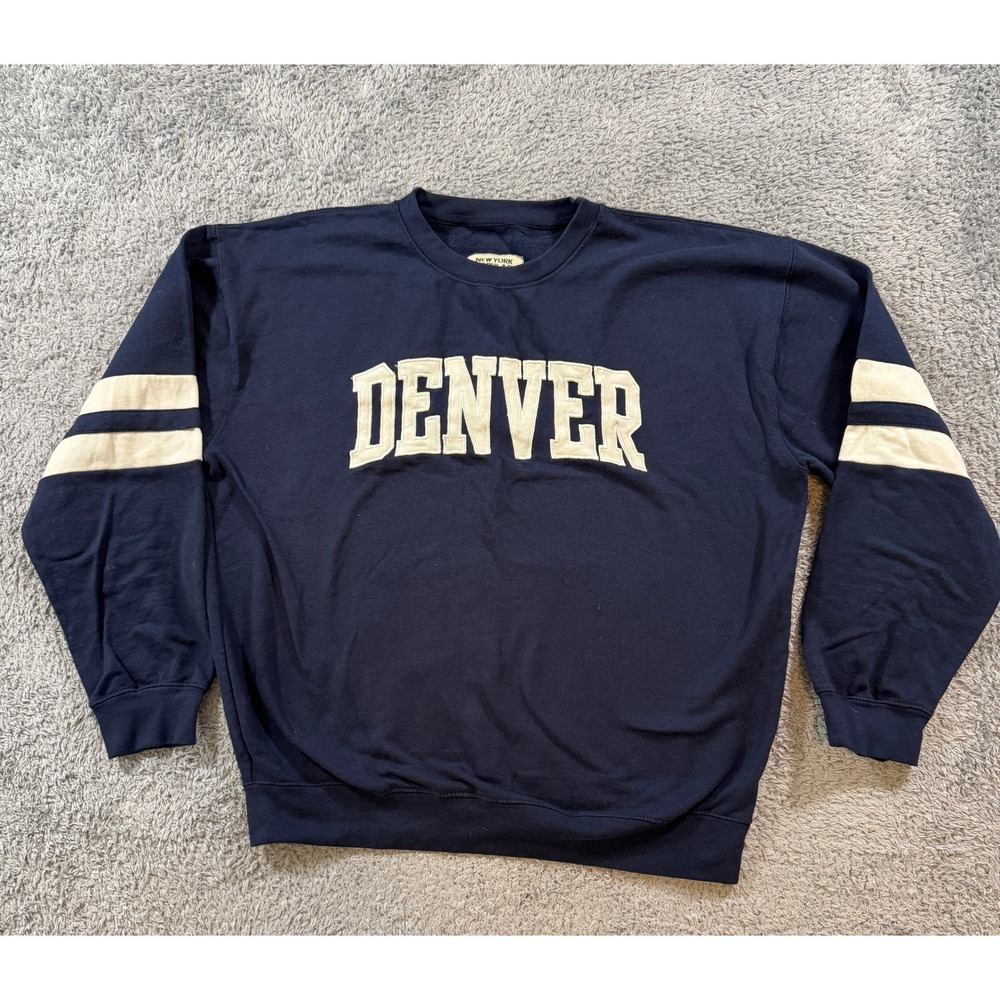 New York Popular Denver Sweatshirt Large Navy Blue Varsity Stripe Crewneck Mens